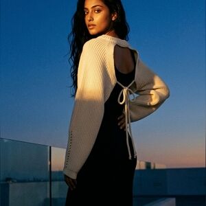 Oak + Fort Open Back Tie Sweater | Cream Cropped Knit | Balloon Sleeves | M